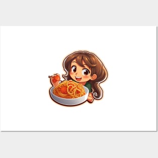 Cute Girl Eating Spaghetti Posters and Art